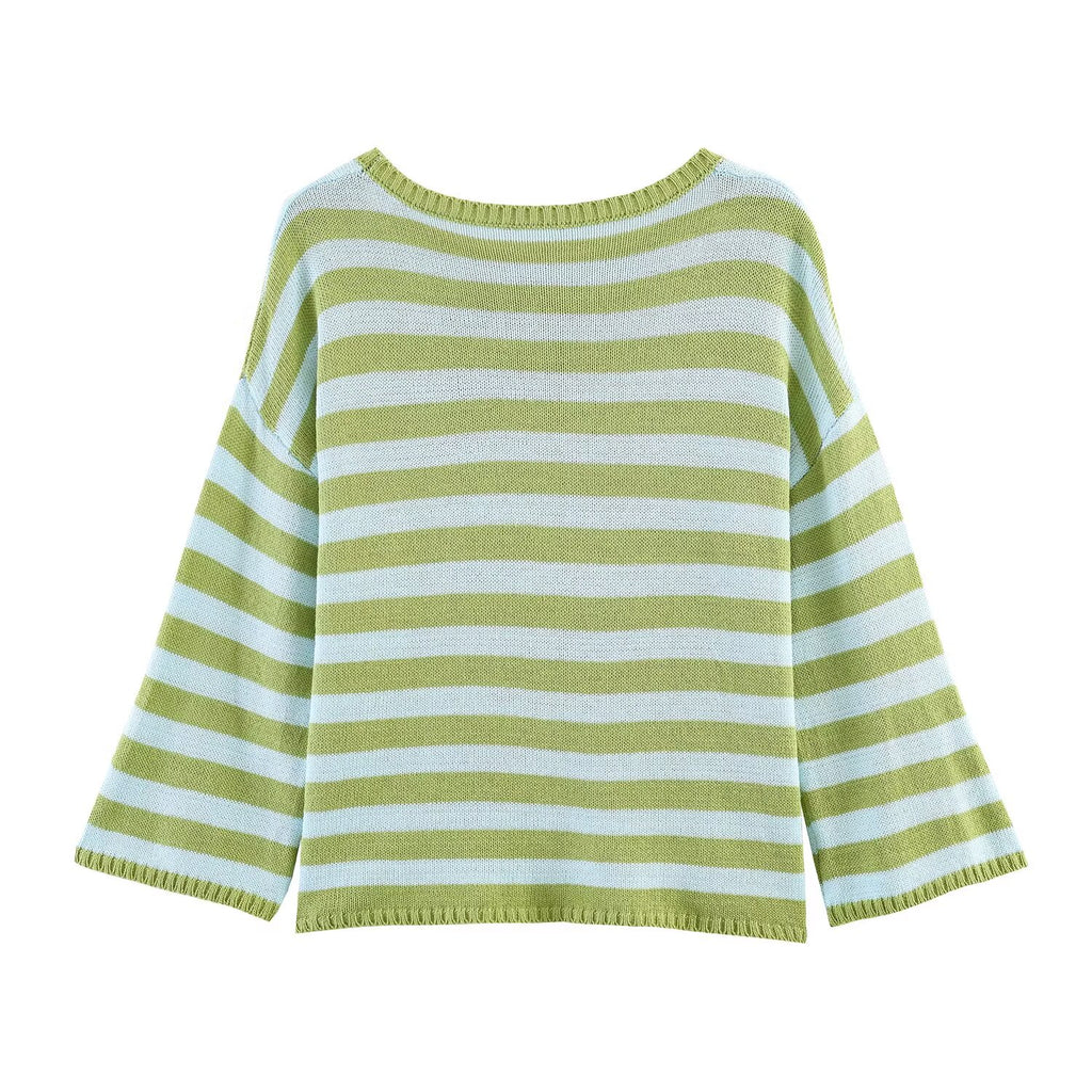 Casual Knitwear Women Striped round Neck Loose Slimming 3/4