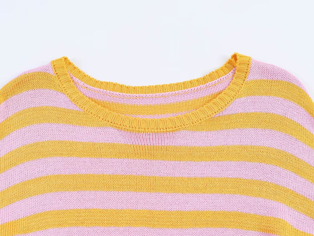 Casual Knitwear Women Striped round Neck Loose Slimming 3/4
