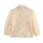 Women Clothing Summer Mesh Loose Slimming See through Puff Sleeve Shirt