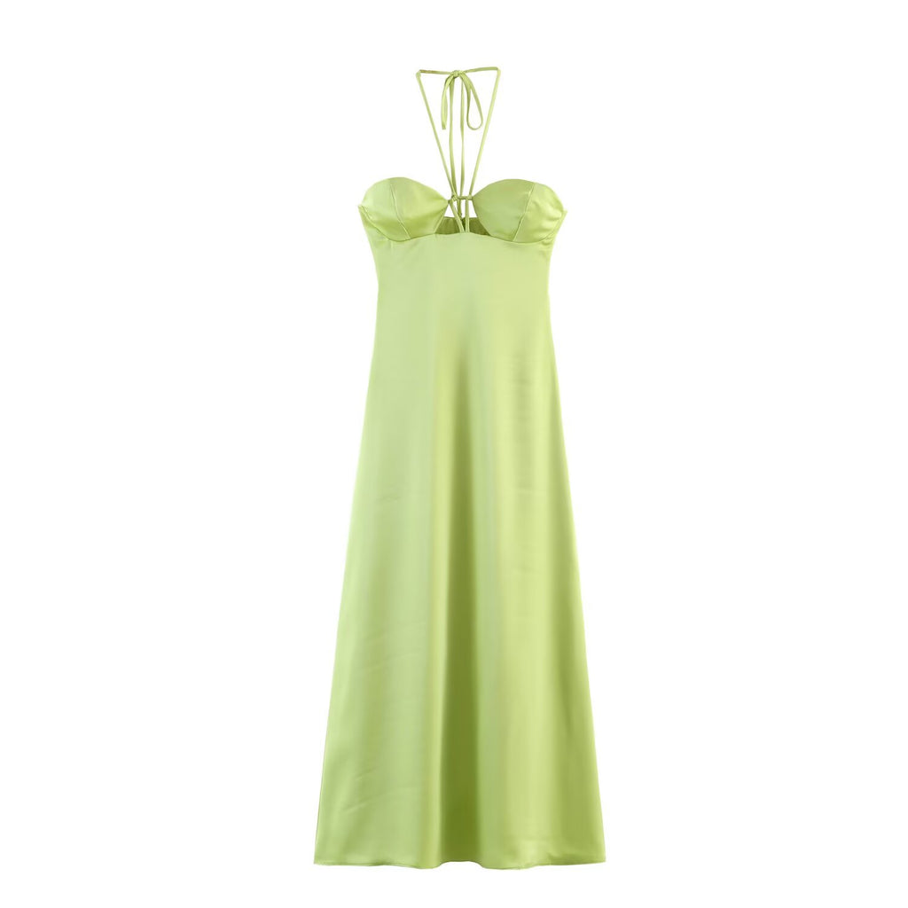 Green satin midi dress with gathered sweetheart bodice and tie spaghetti straps