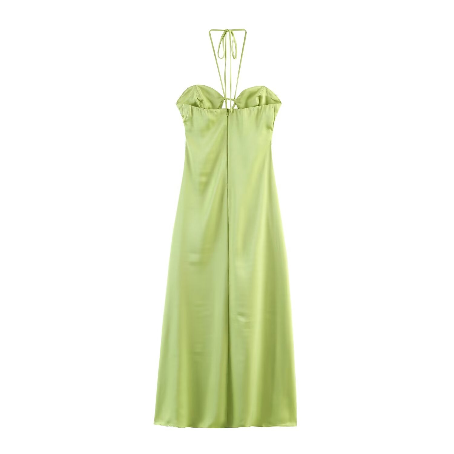 Green satin midi dress with puff shoulders and back tie straps