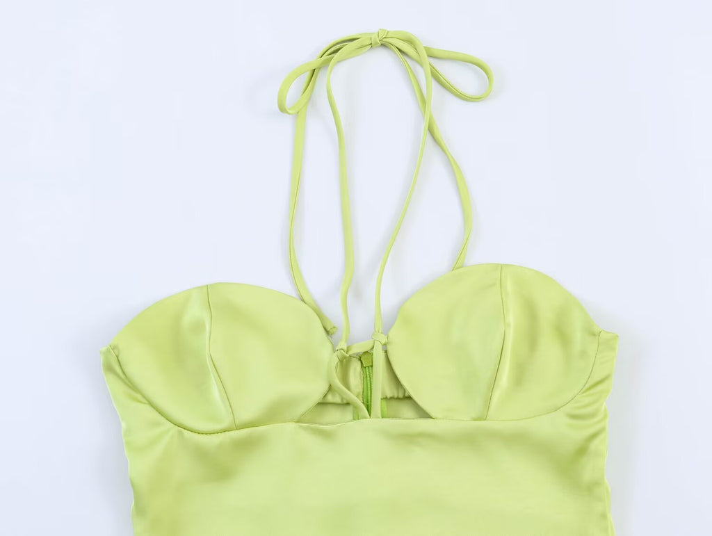 Green satin midi dress with spaghetti straps and ruched sweetheart neckline