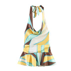 Pleated halter dress with geometric multi-color print and bow tie at open back