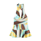 Pleated halter dress with geometric striped print, bow tie at neckline, flared hem