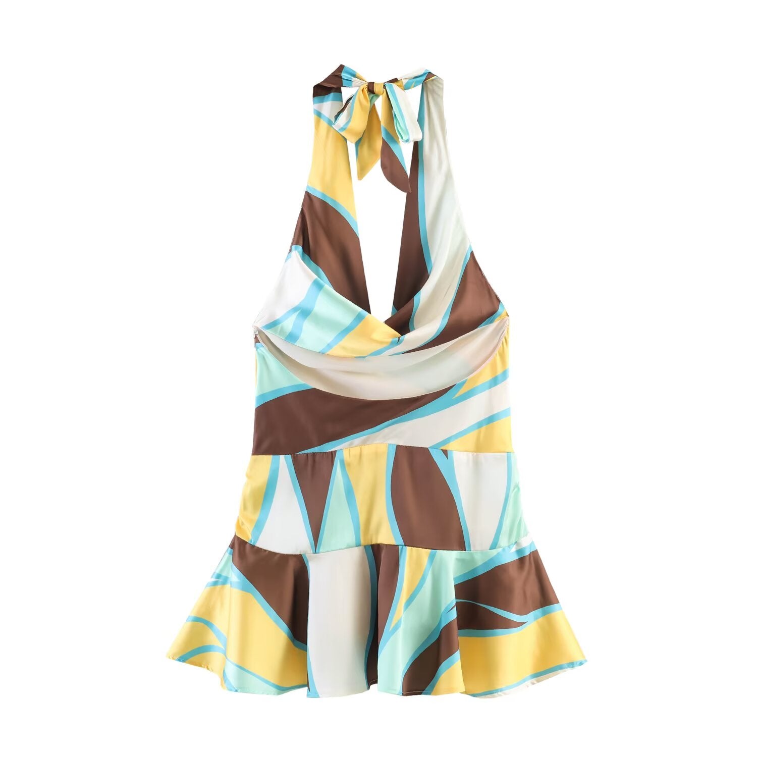 Pleated halter dress with geometric striped print, bow tie at neckline, flared hem