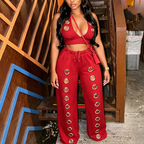 Women Wear Trendy Eyelet Loose Straight Wide Leg Pants Set