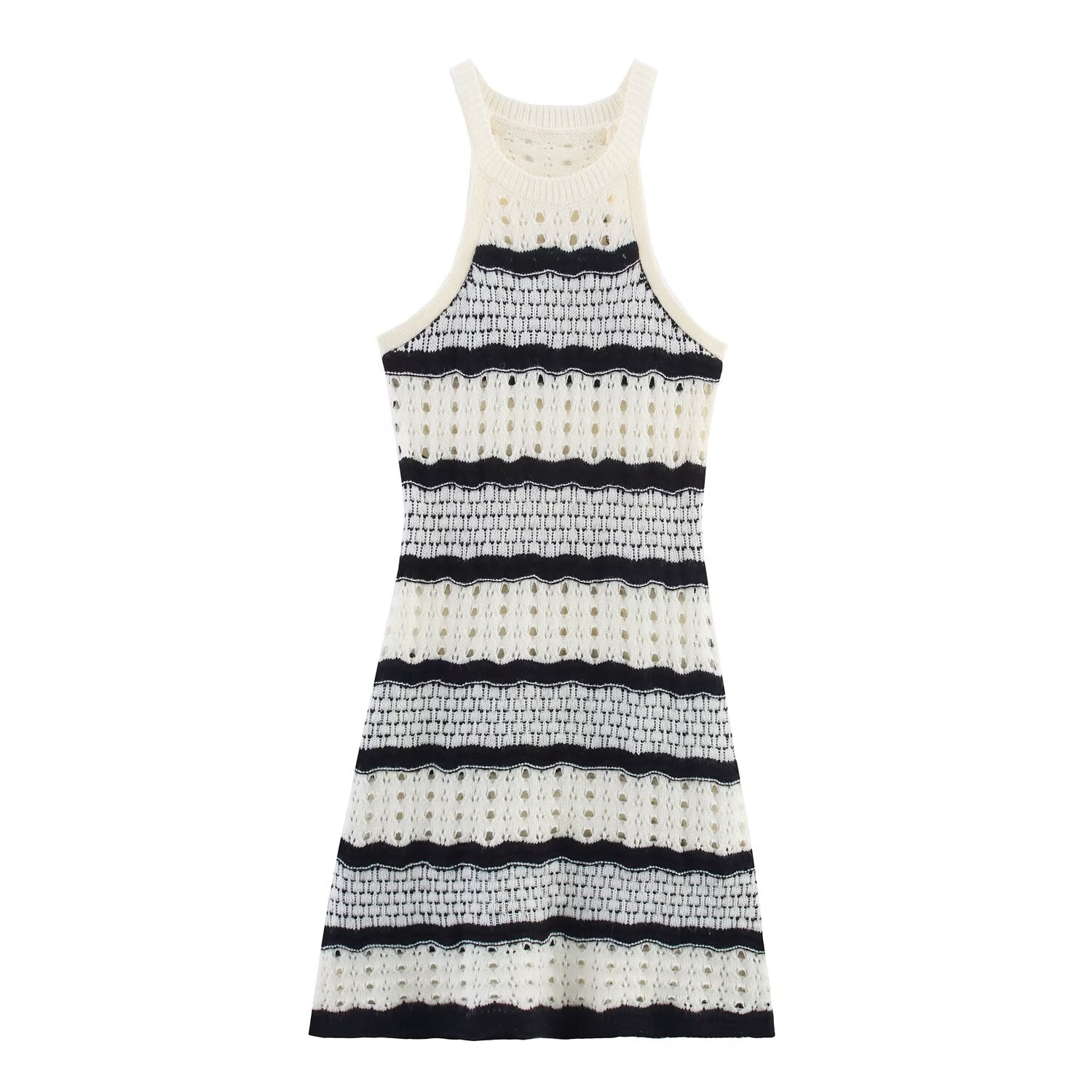 Striped knit mini dress with sleeveless crew neck and black-and-cream horizontal bands