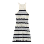 Sleeveless striped knit mini dress with crew neck and black-and-cream horizontal bands