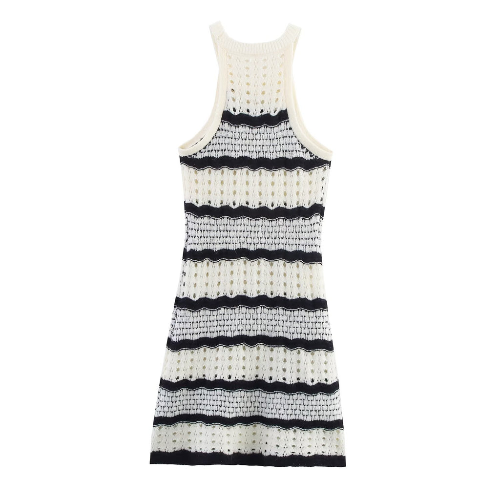 Sleeveless striped knit mini dress with ribbed crew neck and black-and-cream bands