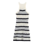 Sleeveless striped knit mini dress with ribbed crew neck and black-and-cream bands