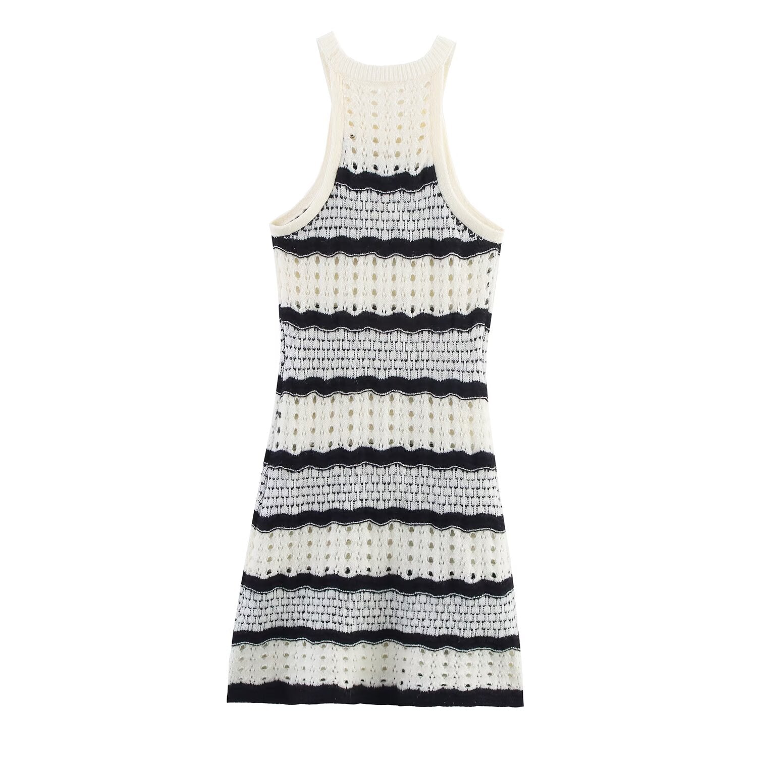 Sleeveless striped knit mini dress with ribbed crew neck and black-and-cream bands