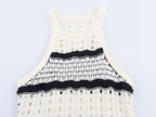 Sleeveless knit mini dress with ribbed crew neck and black stripe band at the bust