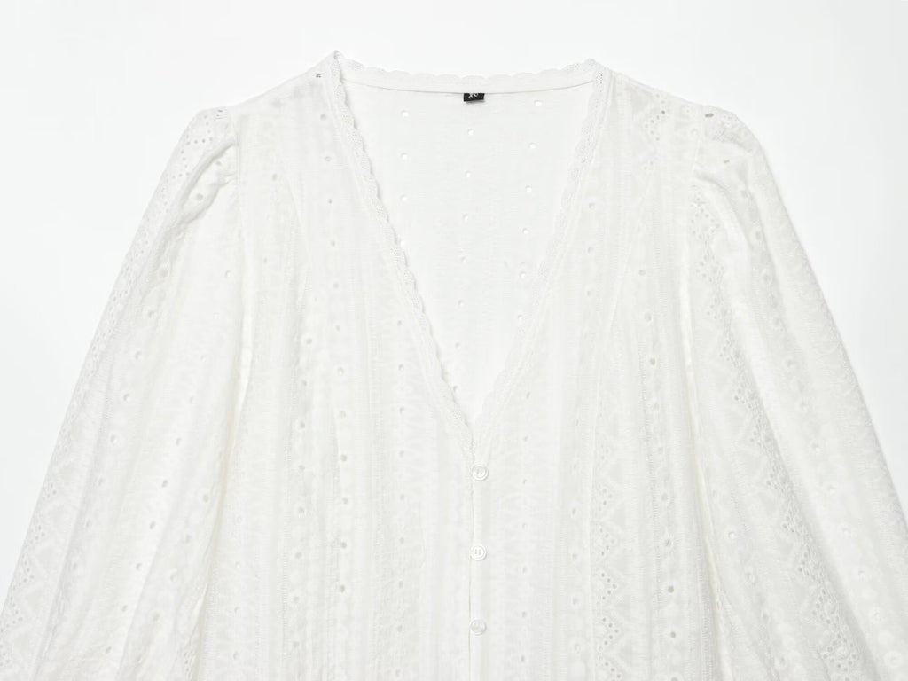 Women Clothing Summer Casual Long Sleeve V neck Hollow Out