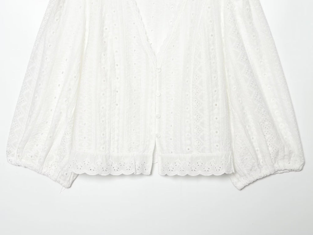 Women Clothing Summer Casual Long Sleeve V neck Hollow Out