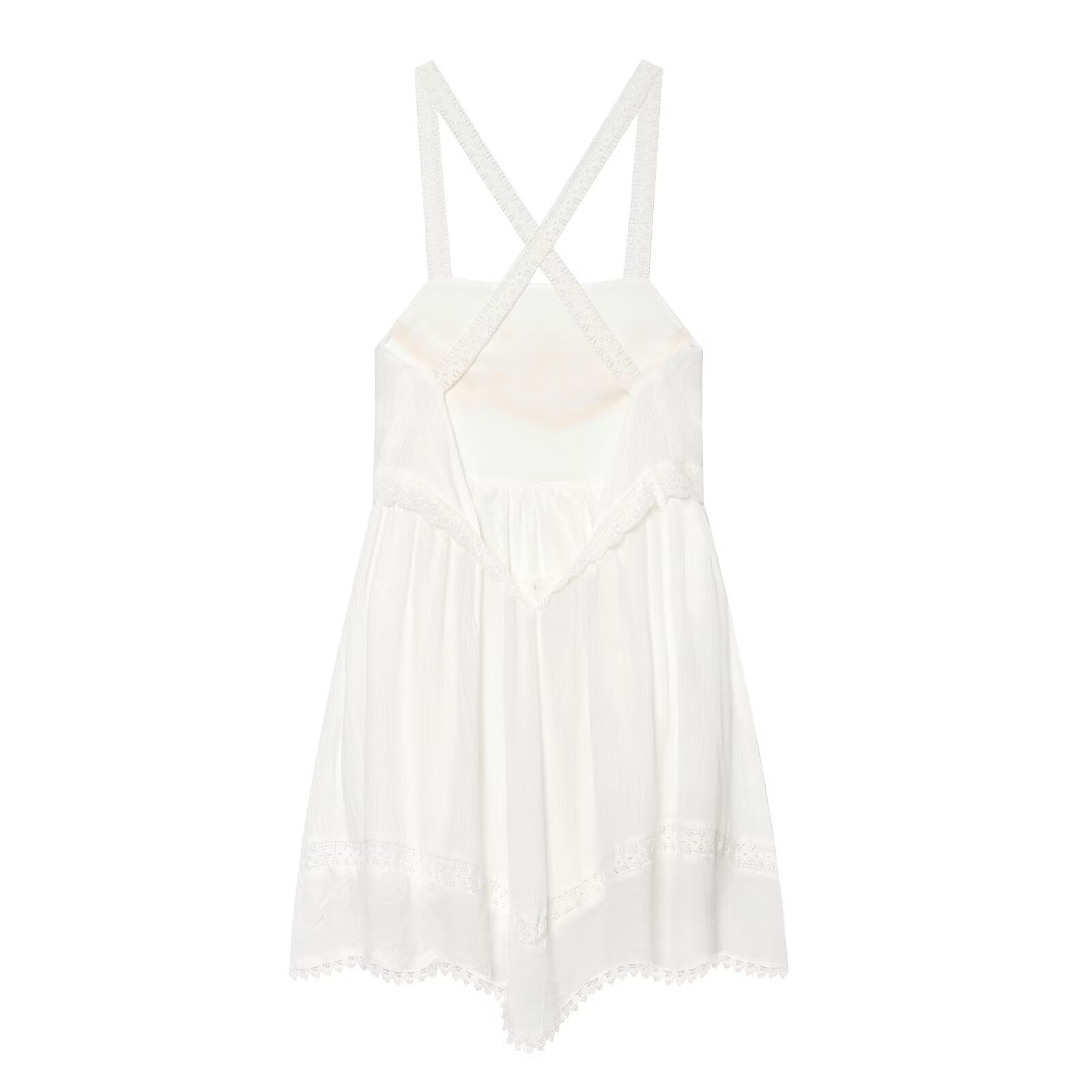 White mini summer dress with crossed spaghetti straps and tiered skirt with lace hem