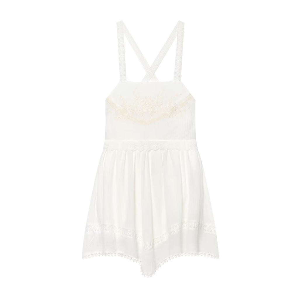 White mini summer dress with spaghetti straps and tiered skirt