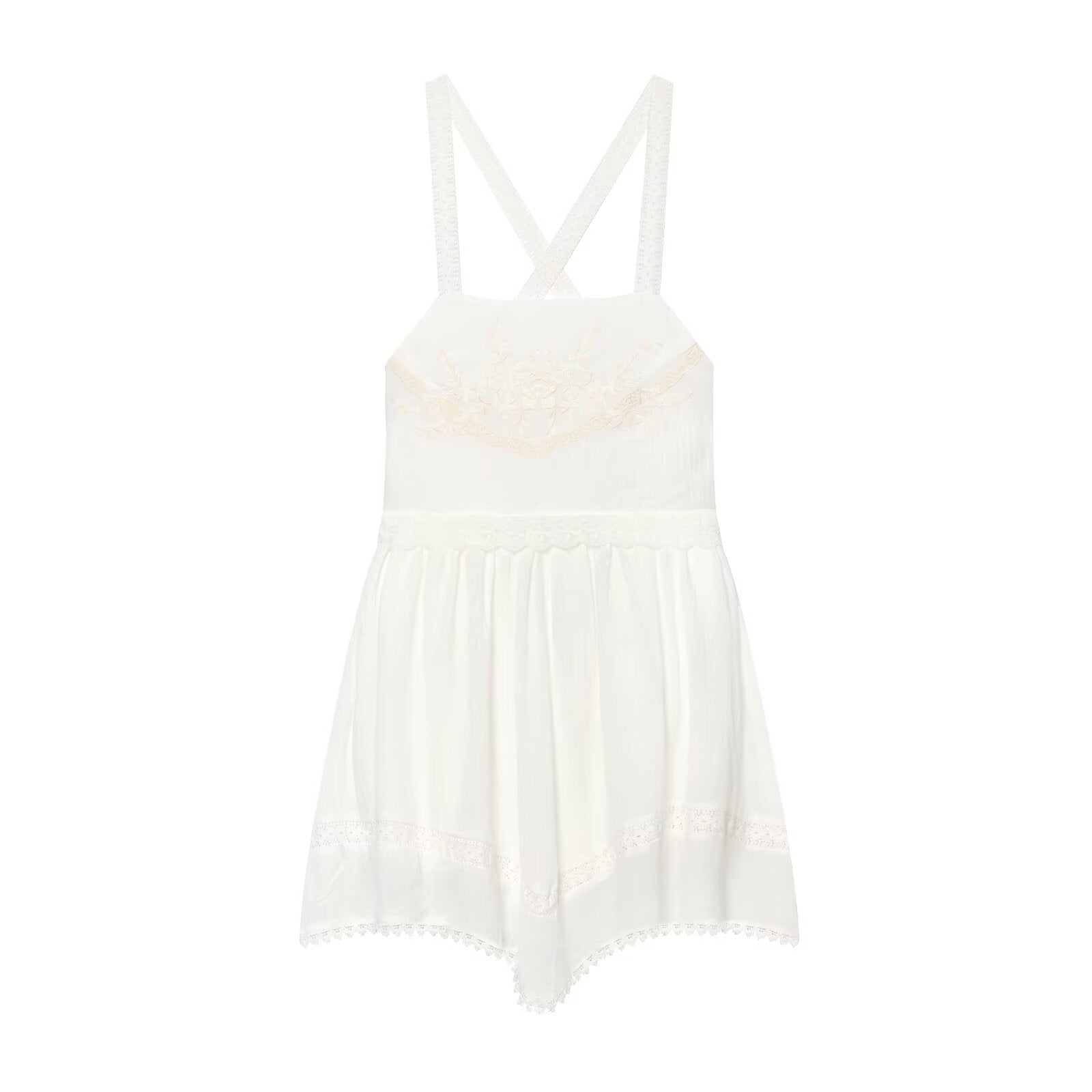 White mini summer dress with spaghetti straps and tiered skirt