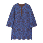 Blue embroidered women’s dress with keyhole neckline and scalloped hem