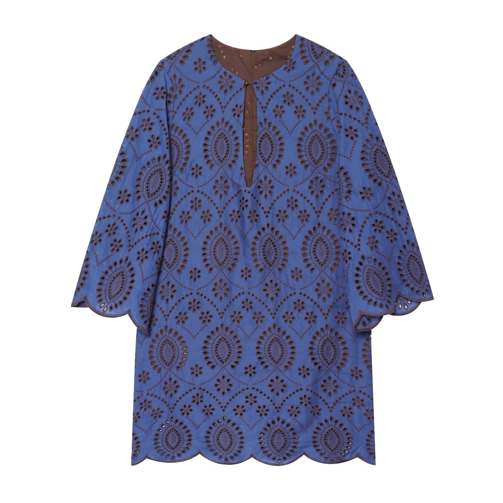 Blue embroidered women’s tunic-style dress with keyhole slit front and short cape sleeves