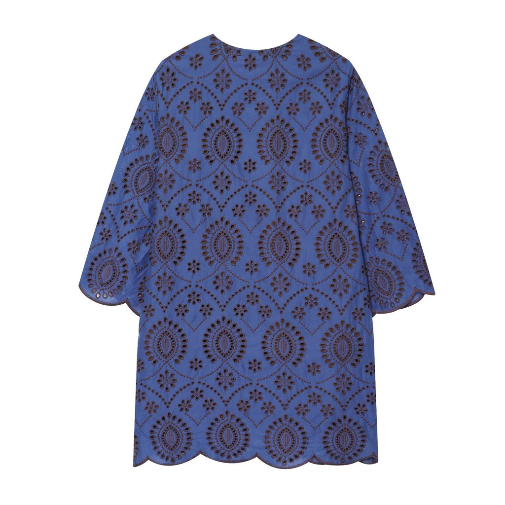 Blue embroidered women’s mini dress with scalloped hem and keyhole neckline