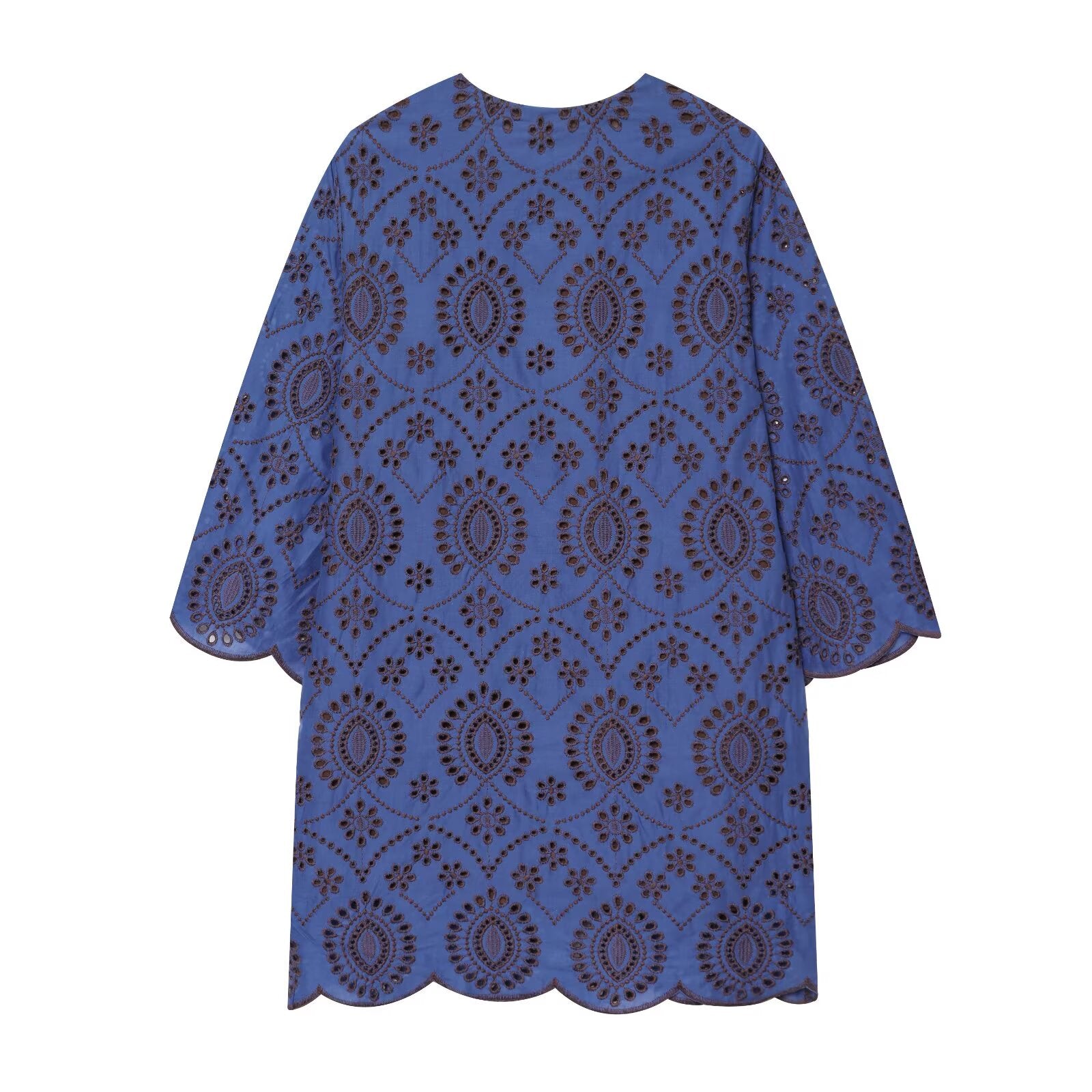 Blue embroidered women’s mini dress with scalloped hem and keyhole neckline