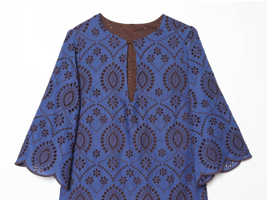 Blue embroidered women’s dress with keyhole front and bell sleeves