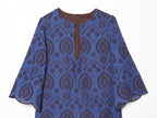 Blue embroidered women’s dress with keyhole front and bell sleeves
