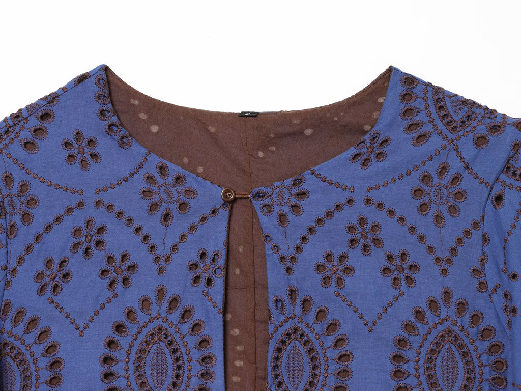 Blue embroidered dress close-up: brown button placket and round neckline