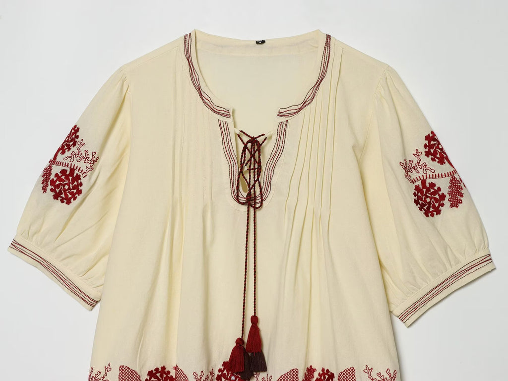 Summer Women Casual Loose All Match Embroidery Tassel Shirt