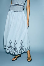 Women Clothing Summer Fashionable Lace Embroidered Plaid Midi Skirt