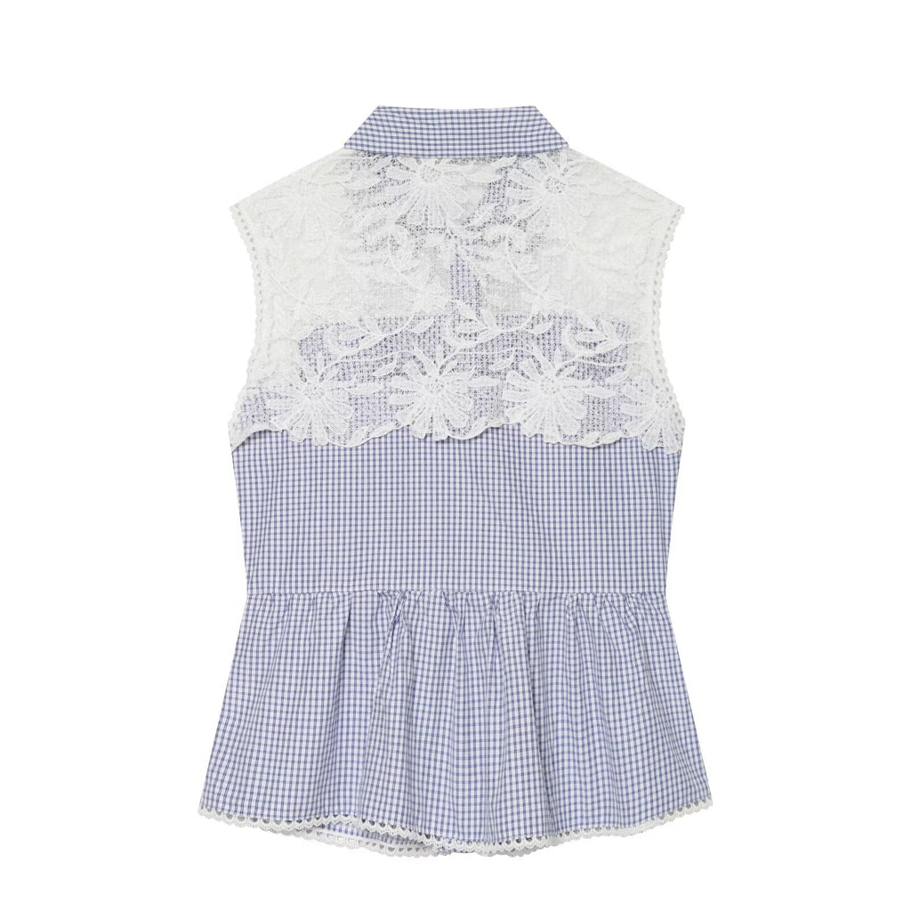 Summer Women Clothes Sweet Spicy Cinched Sleeveless Collared Lace Stitching Small Plaid Shirt