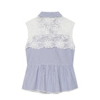 Summer Women Clothes Sweet Spicy Cinched Sleeveless Collared Lace Stitching Small Plaid Shirt
