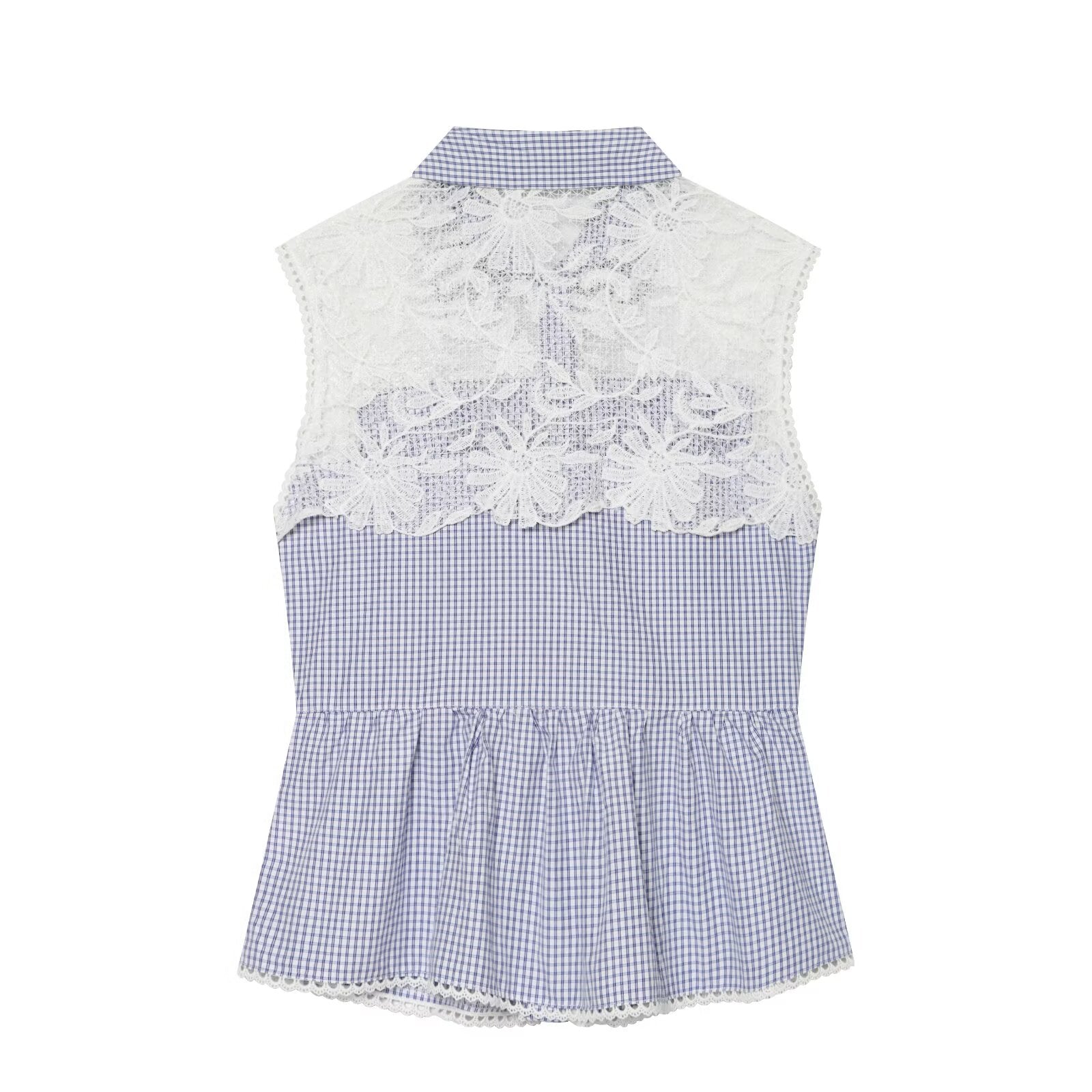 Summer Women Clothes Sweet Spicy Cinched Sleeveless Collared Lace Stitching Small Plaid Shirt