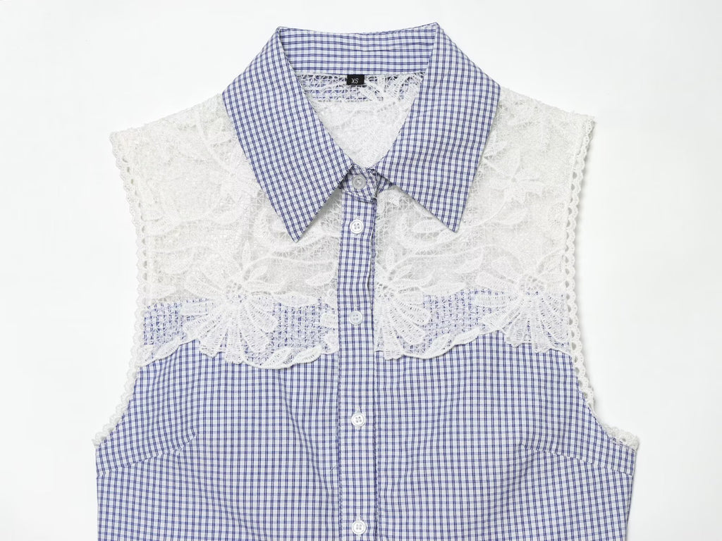Summer Women Clothes Sweet Spicy Cinched Sleeveless Collared Lace Stitching Small Plaid Shirt