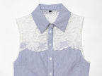 Summer Women Clothes Sweet Spicy Cinched Sleeveless Collared Lace Stitching Small Plaid Shirt