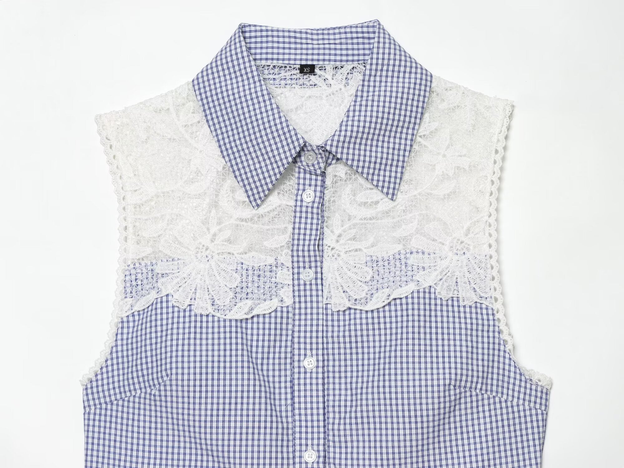 Summer Women Clothes Sweet Spicy Cinched Sleeveless Collared Lace Stitching Small Plaid Shirt