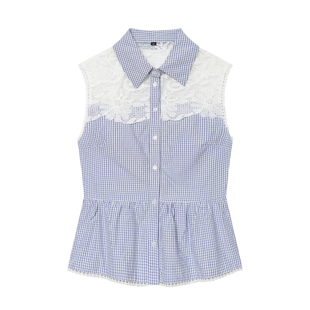Summer Women Clothes Sweet Spicy Cinched Sleeveless Collared Lace Stitching Small Plaid Shirt
