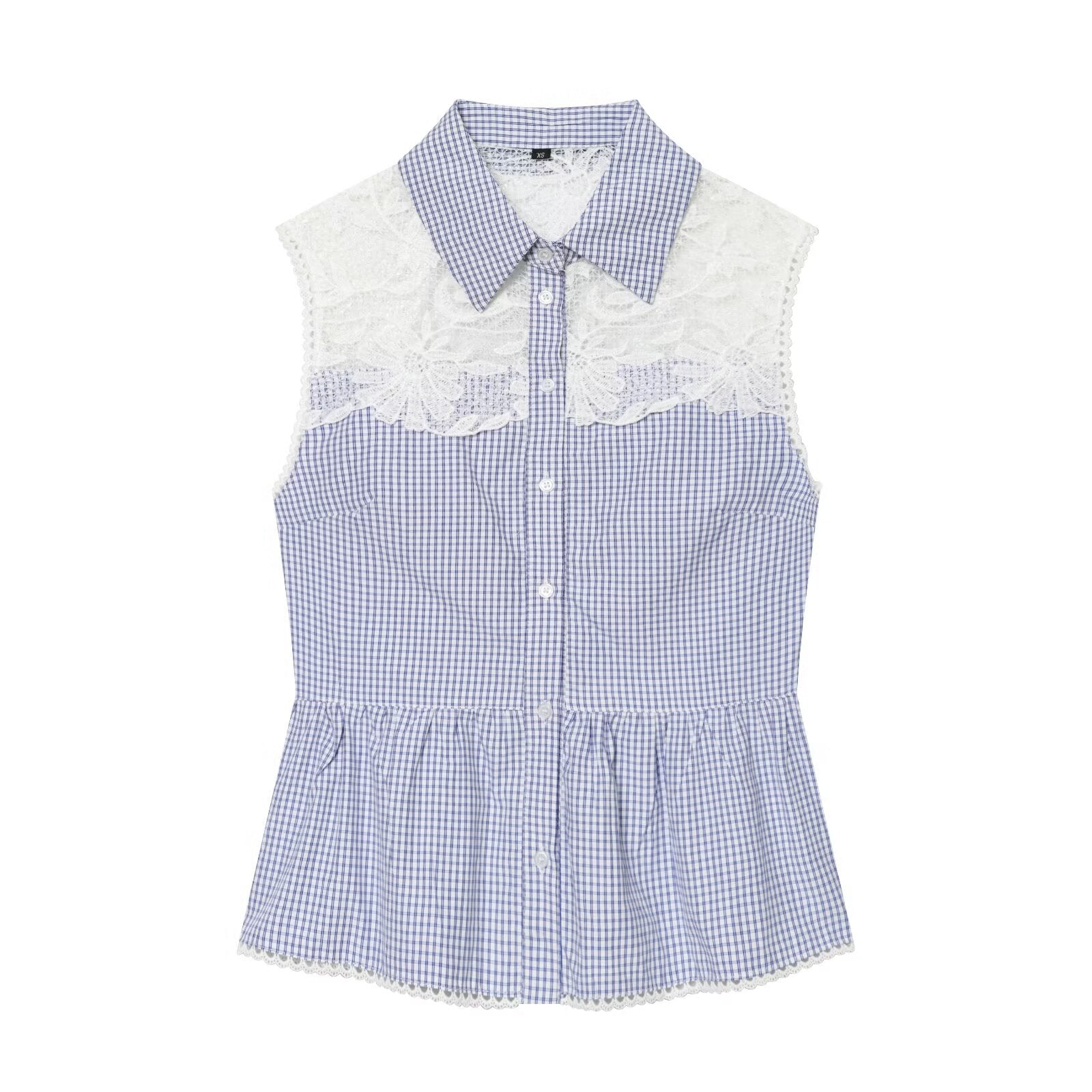 Summer Women Clothes Sweet Spicy Cinched Sleeveless Collared Lace Stitching Small Plaid Shirt