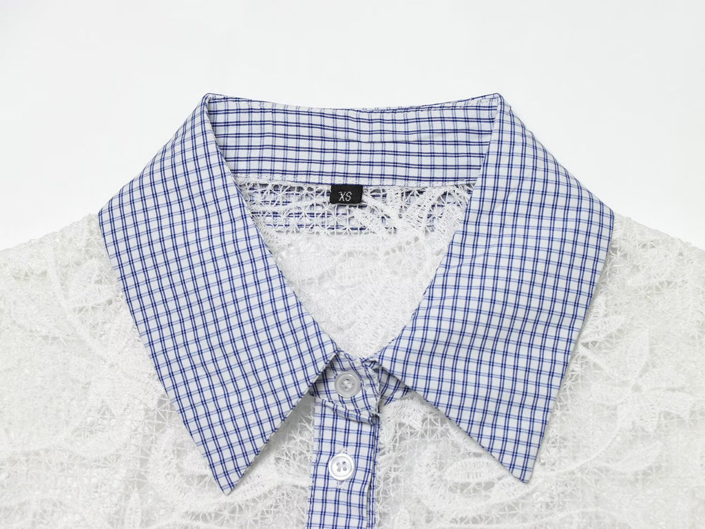 Summer Women Clothes Sweet Spicy Cinched Sleeveless Collared Lace Stitching Small Plaid Shirt