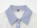Summer Women Clothes Sweet Spicy Cinched Sleeveless Collared Lace Stitching Small Plaid Shirt