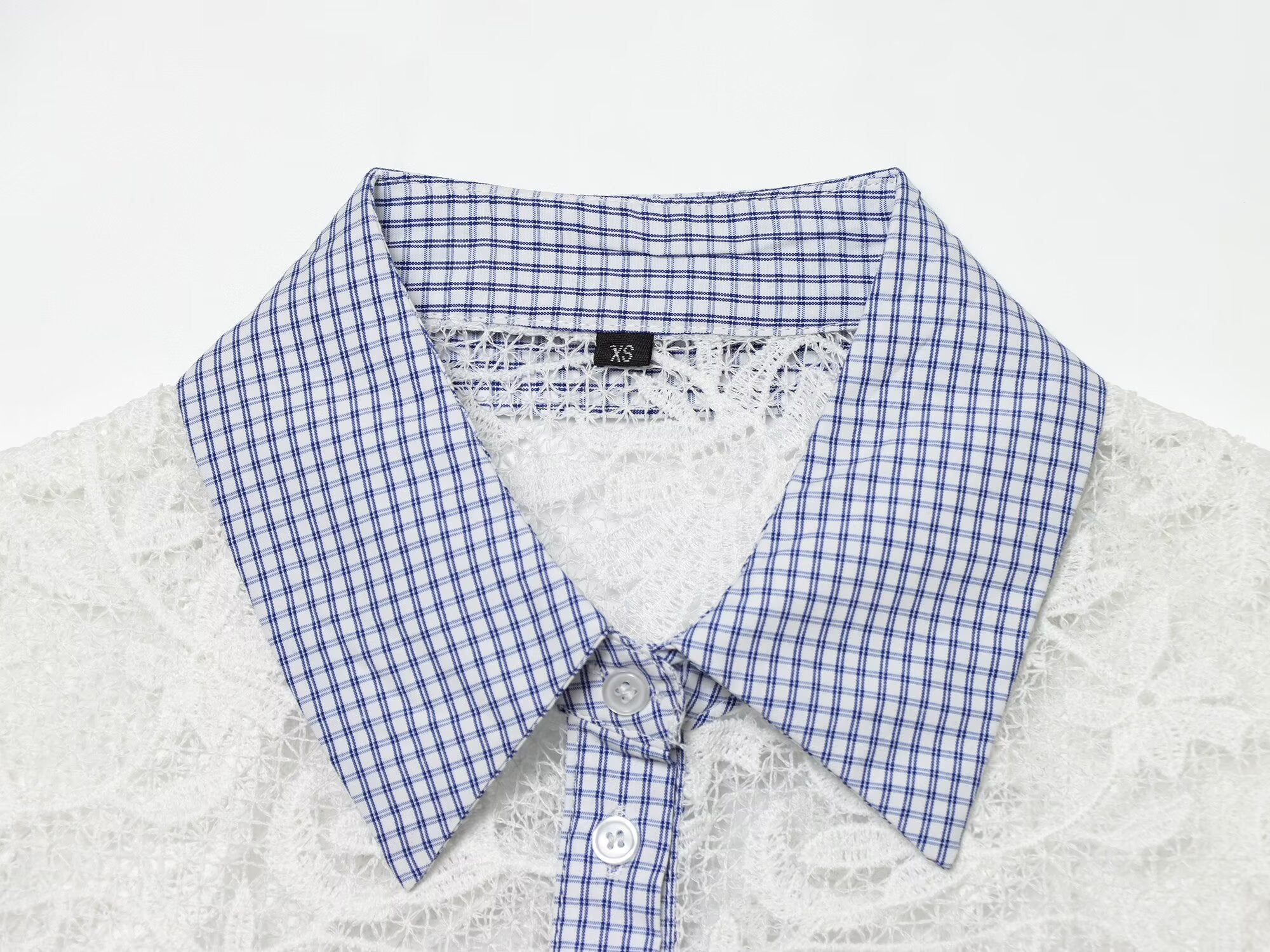 Summer Women Clothes Sweet Spicy Cinched Sleeveless Collared Lace Stitching Small Plaid Shirt