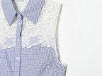 Summer Women Clothes Sweet Spicy Cinched Sleeveless Collared Lace Stitching Small Plaid Shirt