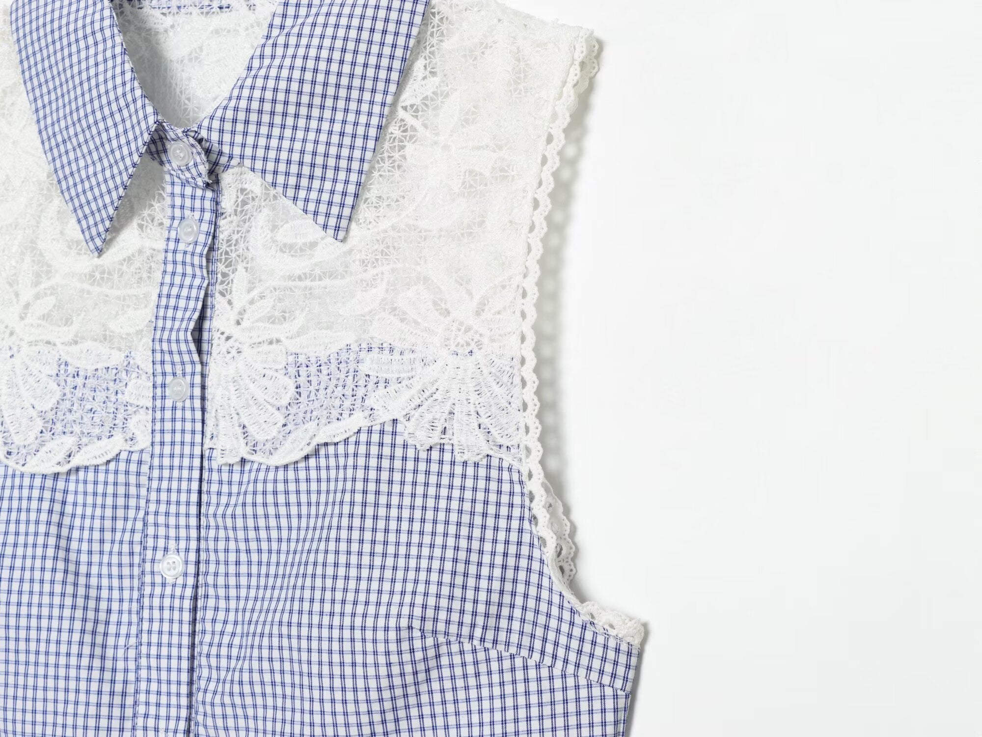 Summer Women Clothes Sweet Spicy Cinched Sleeveless Collared Lace Stitching Small Plaid Shirt