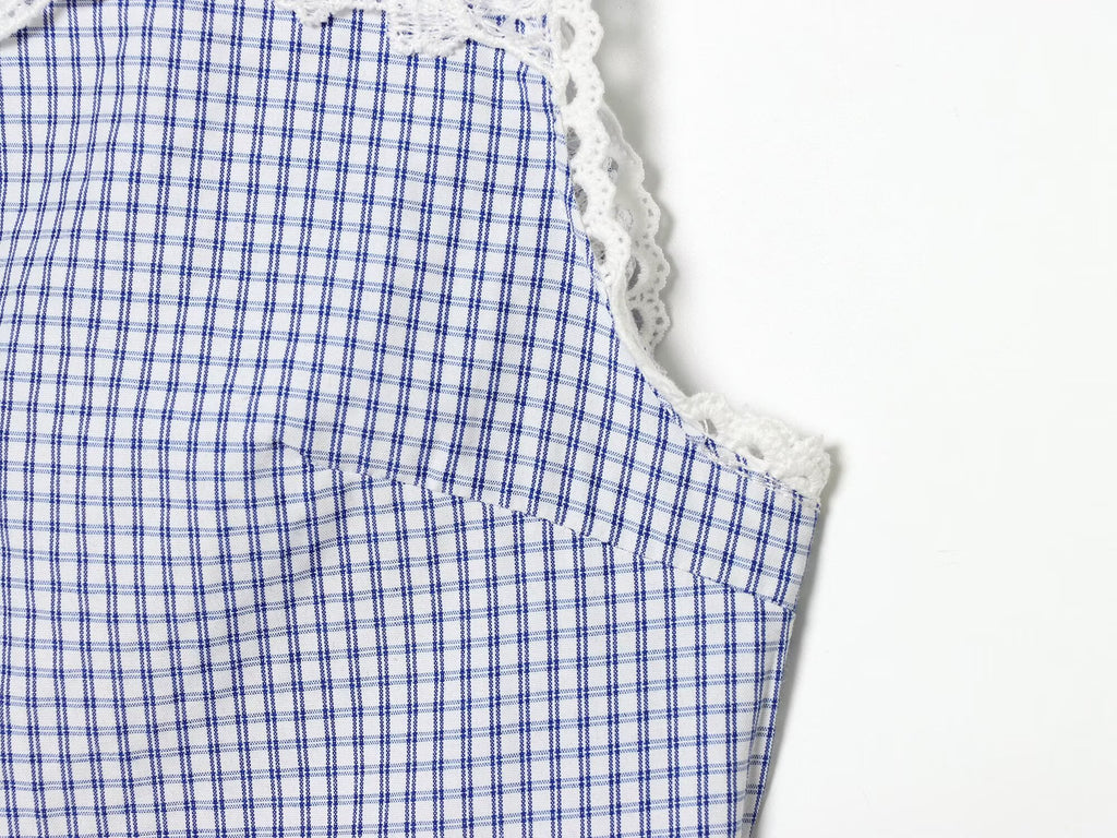 Summer Women Clothes Sweet Spicy Cinched Sleeveless Collared Lace Stitching Small Plaid Shirt