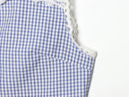 Summer Women Clothes Sweet Spicy Cinched Sleeveless Collared Lace Stitching Small Plaid Shirt