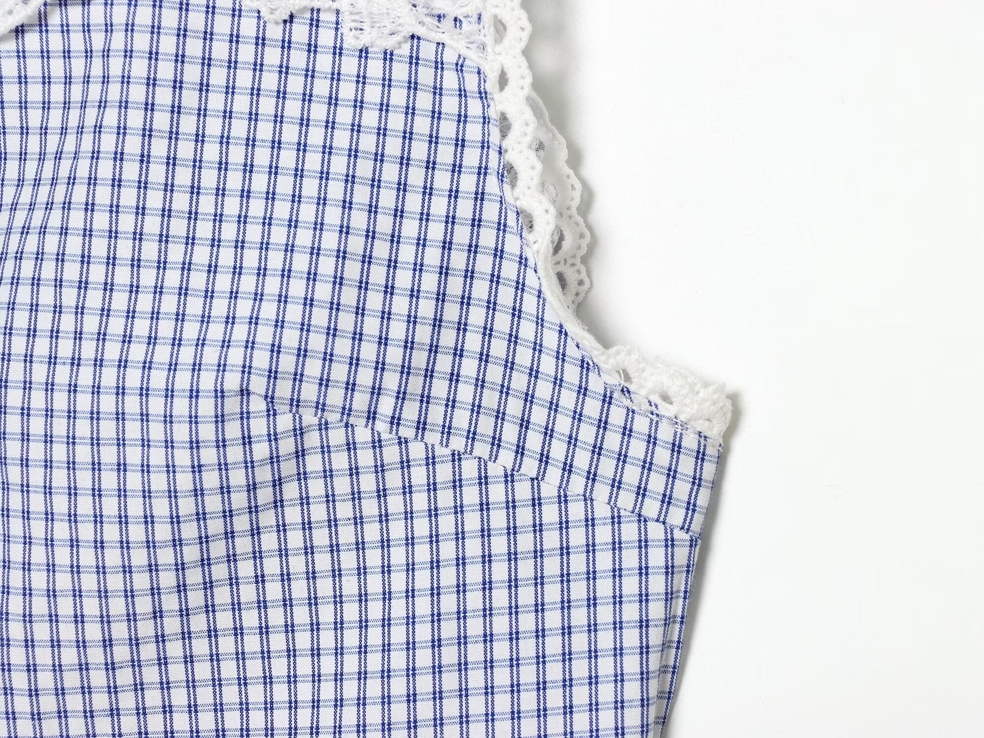 Summer Women Clothes Sweet Spicy Cinched Sleeveless Collared Lace Stitching Small Plaid Shirt