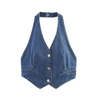 Women Clothing Summer V neck Single Breasted Denim Backless