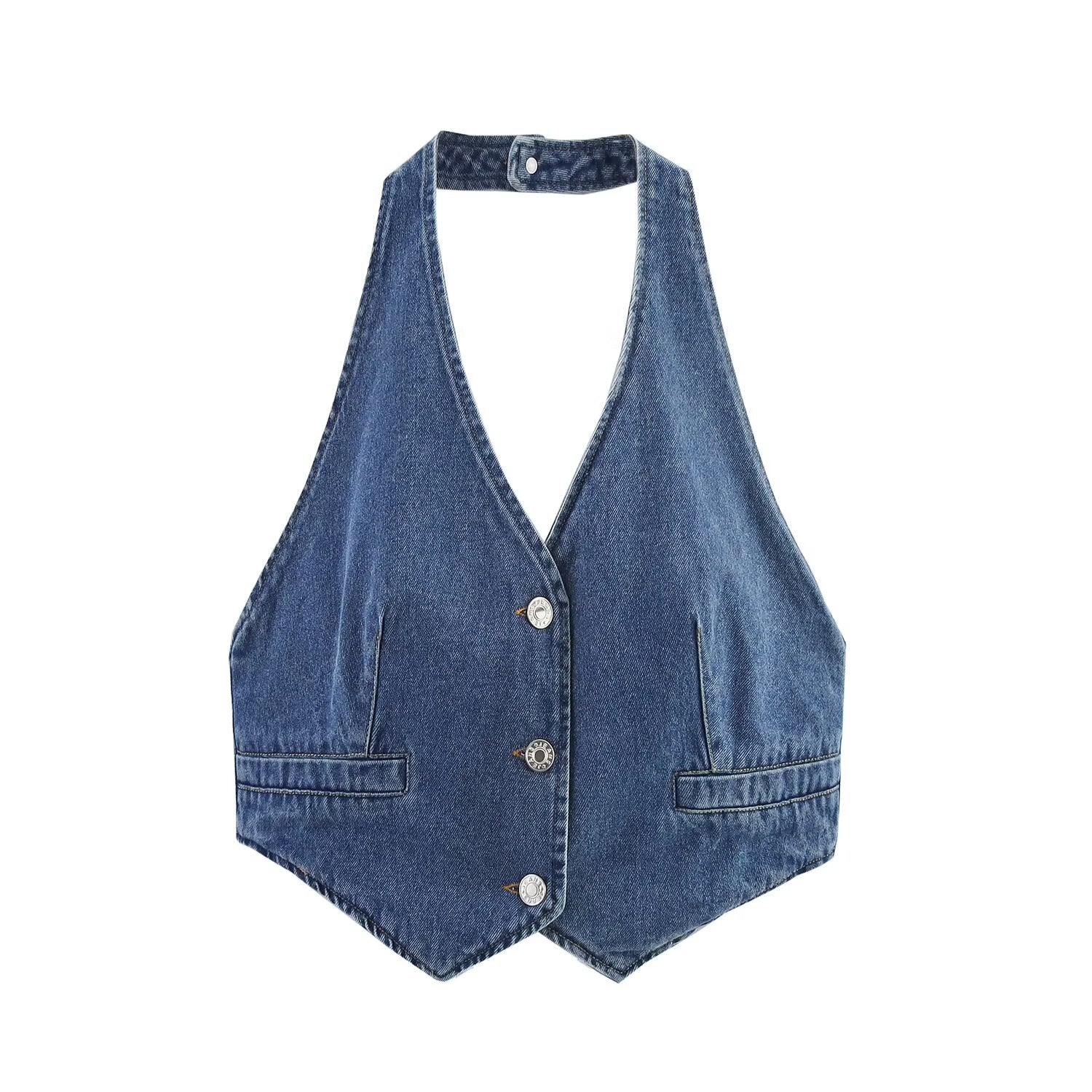 Women Clothing Summer V neck Single Breasted Denim Backless