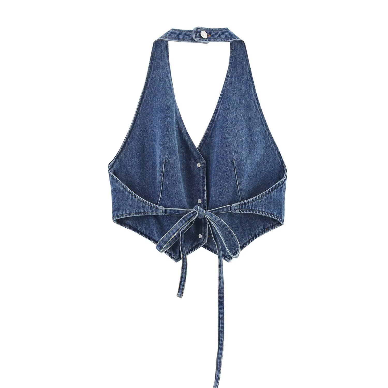 Women Clothing Summer V neck Single Breasted Denim Backless