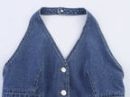 Women Clothing Summer V neck Single Breasted Denim Backless